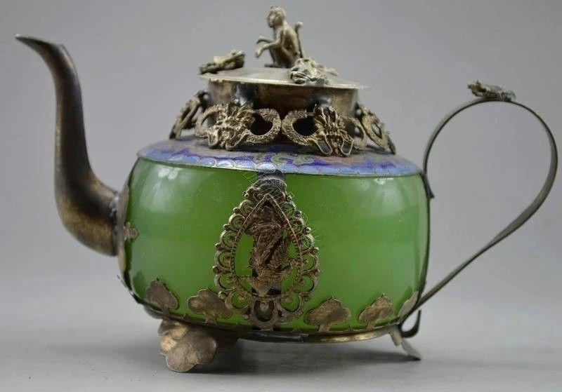 Collectible Old Handwork Green Jade & Tibet Silver Dragon Teapot Monkey Lid