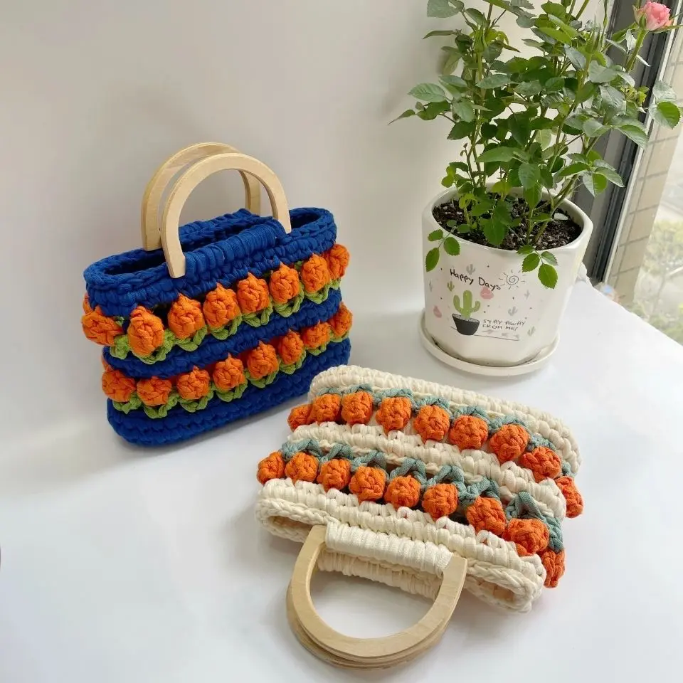 Casual Knit Flower Women Shoulder Bags Handmade Woven Lady Handbag Cotton Tote Shopper Bag Daisy Women Travel Beach Bag Purses