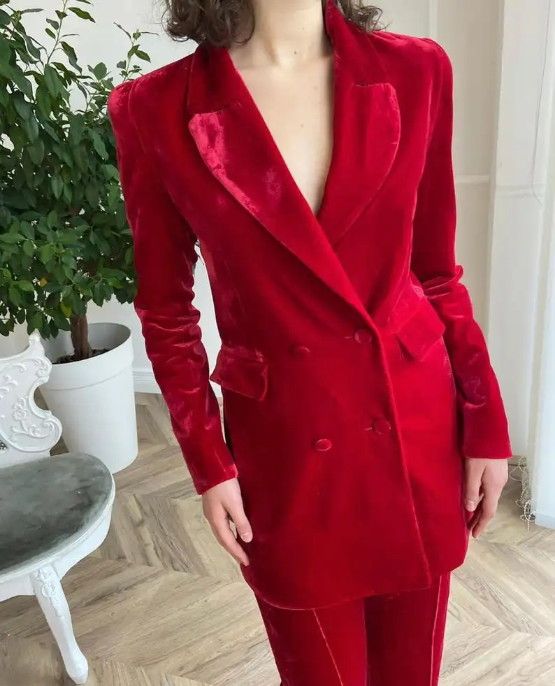 Fashion Velvet Red Women Blazer Suits 2 Pieces Set (Jacket + Pants) Custom Made Double Breasted Wedding Party Office Lady Coat