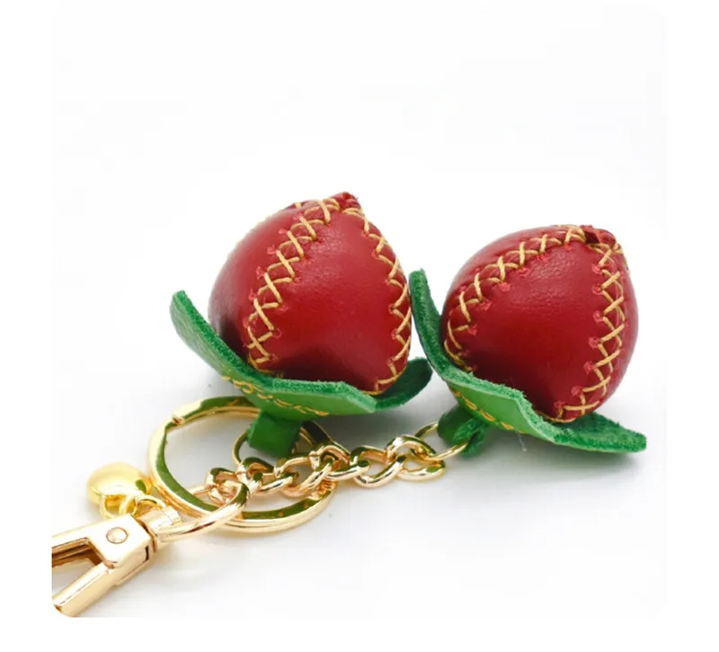 Cute cowhide Leather straberry luxury designer keychain for crafting women jewelry accessories bag charm gift porte clef femme