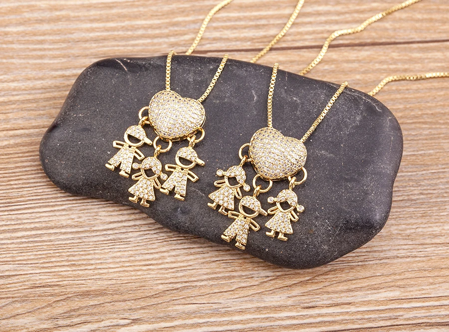 Nidin Heißer Verkauf Sohn Tochter Herz Vergoldet Zirkonia Familie Mädchen Junge Anhänger Halskette Kette Schmuck Für Mutter Geschenk – Detail 3