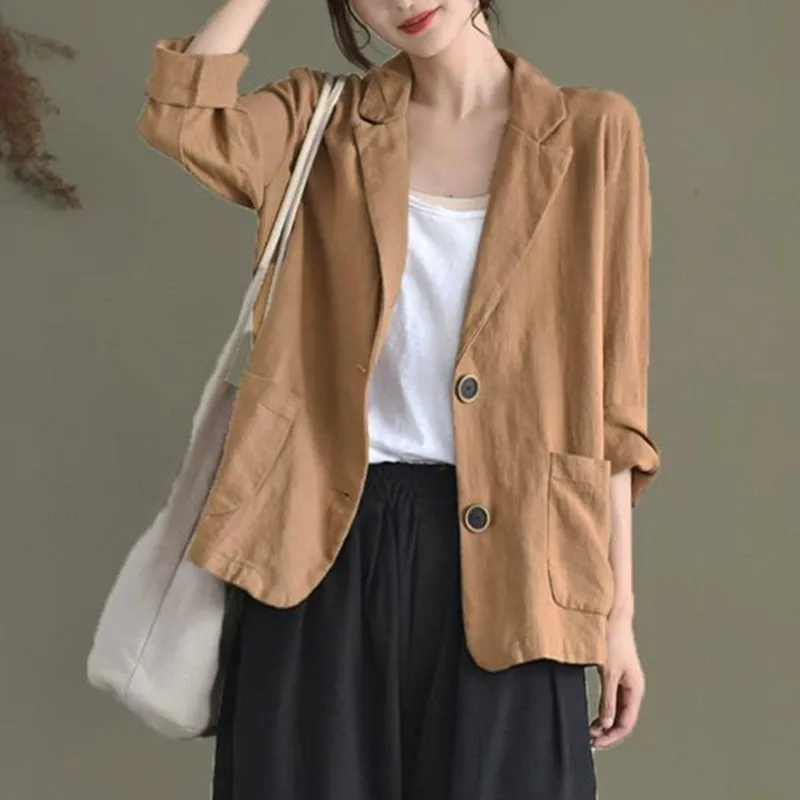 Women Cotton Linen Casual Blazer Jackets New 2021 Spring Simple Style Vintage Solid Color Loose Female Outerwear Coats S3616