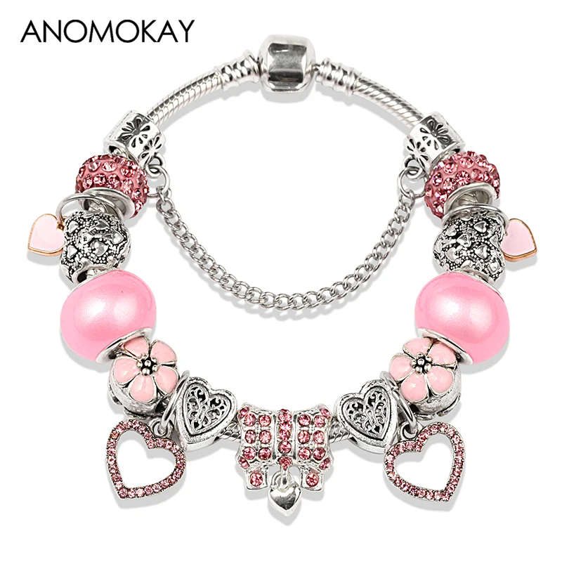 European & American Romantic Pink Heart Crystal Charm Bracelet Jewelry Silver Color Diy Bead Bracelet for Women Girl