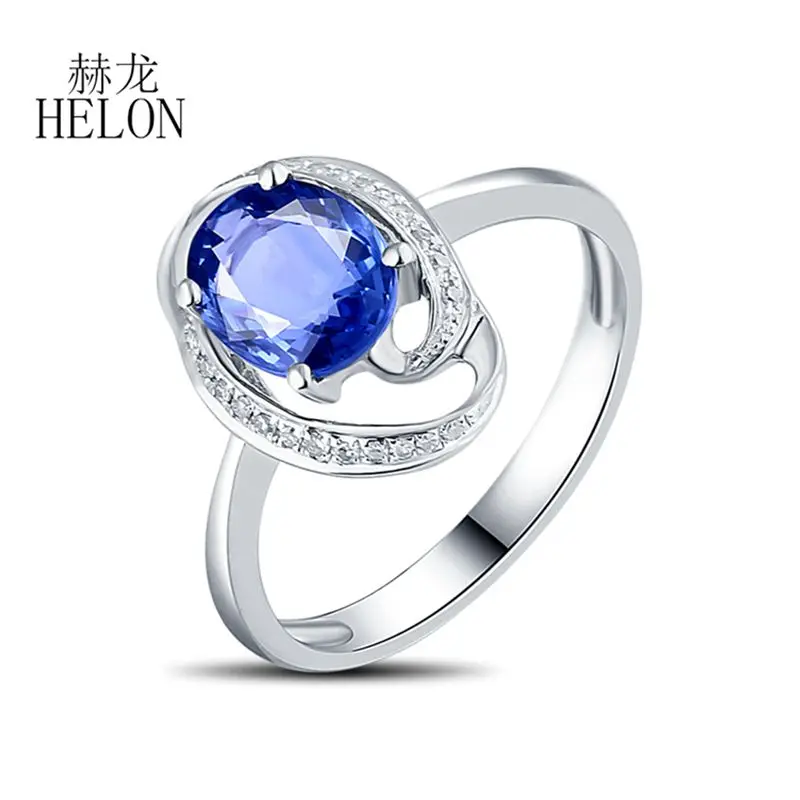 HELON Solido 18k Oro Bianco AU585 Ovale 7x5mm Naturale Blu Zaffiro e Diamanti di Fidanzamento di Cerimonia Nuziale Delle Donne tredny Gioielleria Raffinata Anello