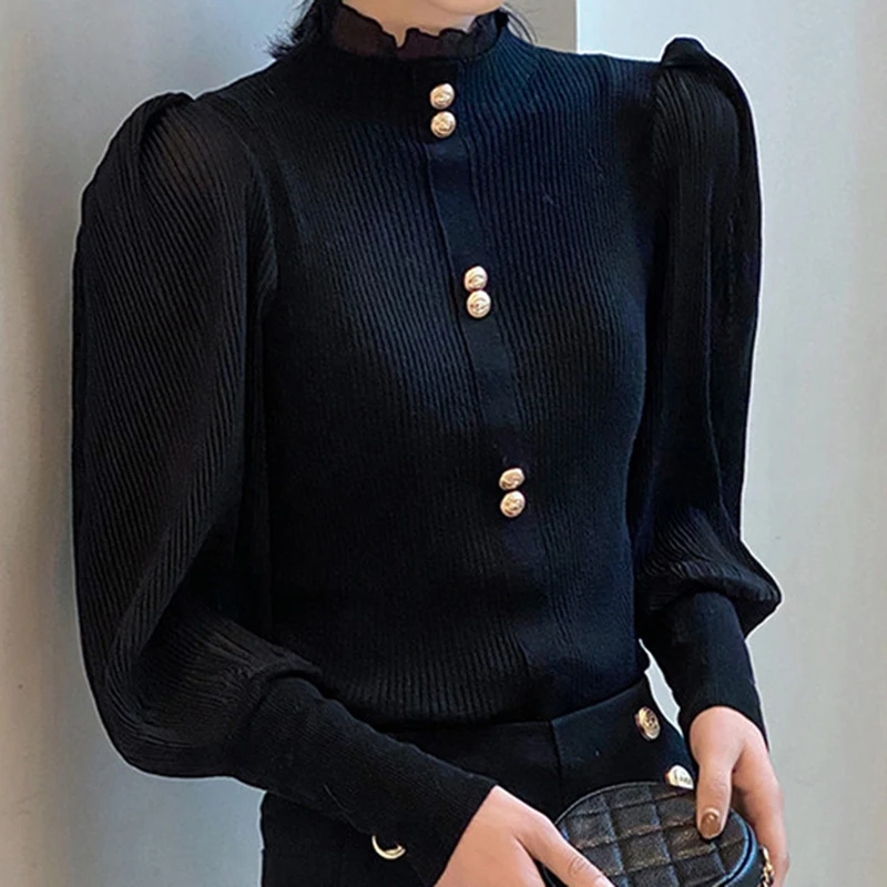 LJSXLS Autumn Elegant Chiffon Patchwork Turtleneck Sweater Women 2024 Winter New Korean Knitted Tops Long Sleeve Pullovers Femme