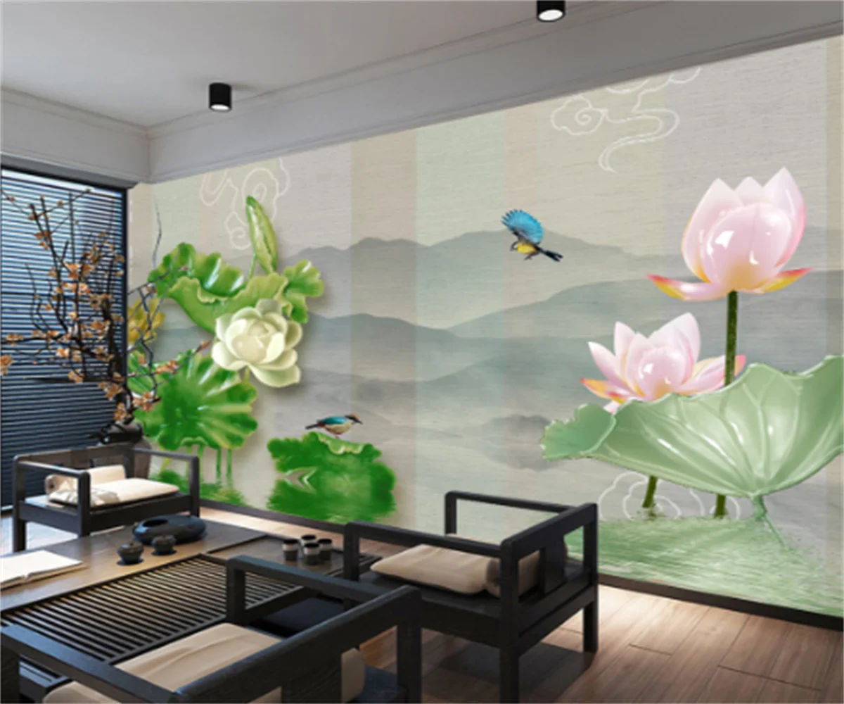 New Chinese style three-dimensional imitation jade carving ink lotus TV background wallpaper home decoration custom photo mural