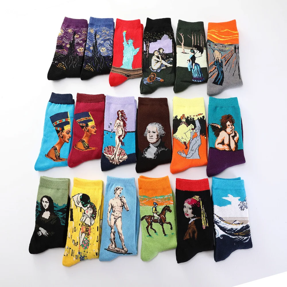 1 pair of fun autumn and winter retro van Gogh mural women\'s art world famous oil painting series female socks funny socks