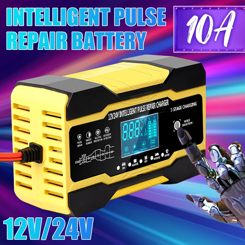 NEW Car Battery Charger Fully Automatic 12V 10A 24V 5A Smart Fast Charging for AGM GEL WET Lead Acid Battery Charger LCD Display