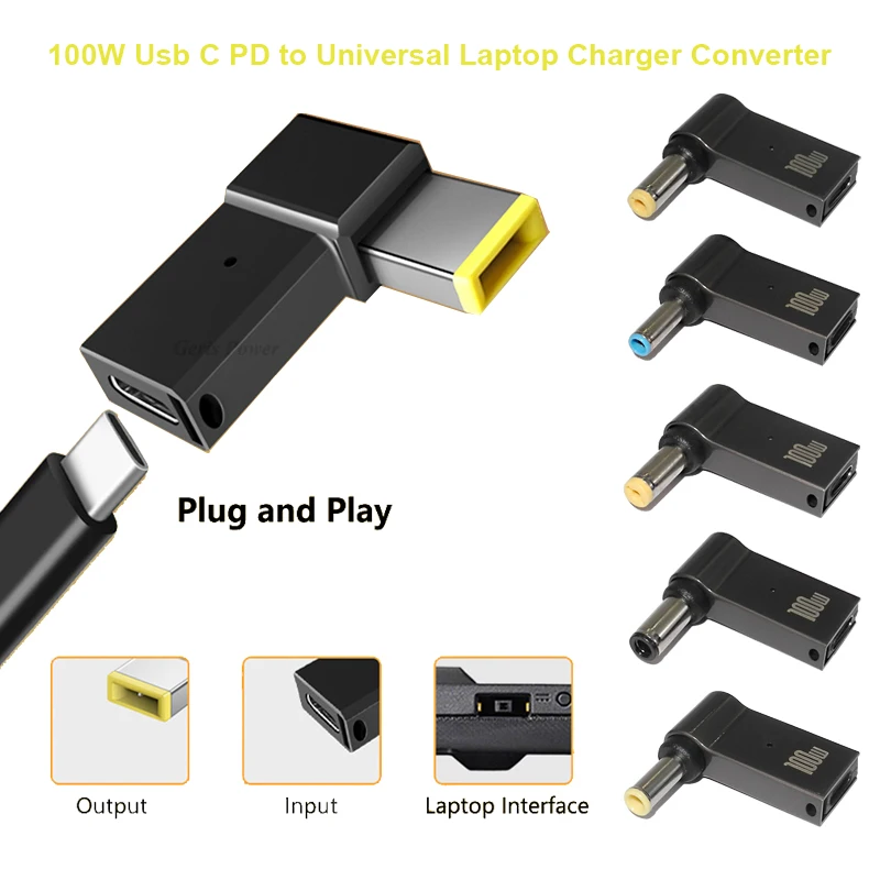 Conector de cargador de ordenador portátil de 100W, Adaptador tipo C para Dell, Hp, Asus, Lenovo, Acer, Conector de enchufe de CC, convertidor de