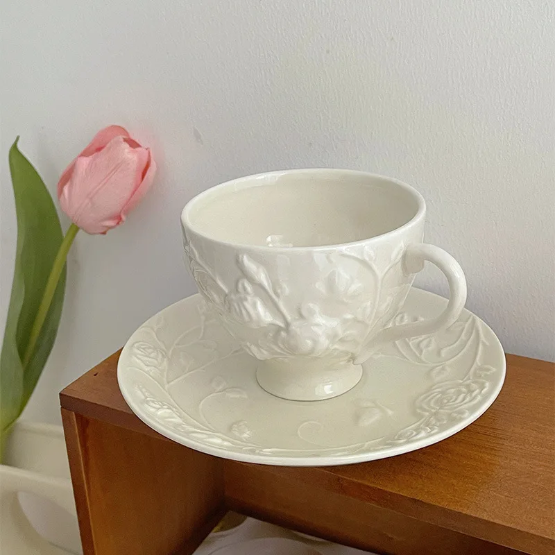 Rose Coffee Cup and Saucer Set French Small Luxury Exquisite Vintage Rose Embossed Ceramic Plate Ceramic Flower Shape Tableware