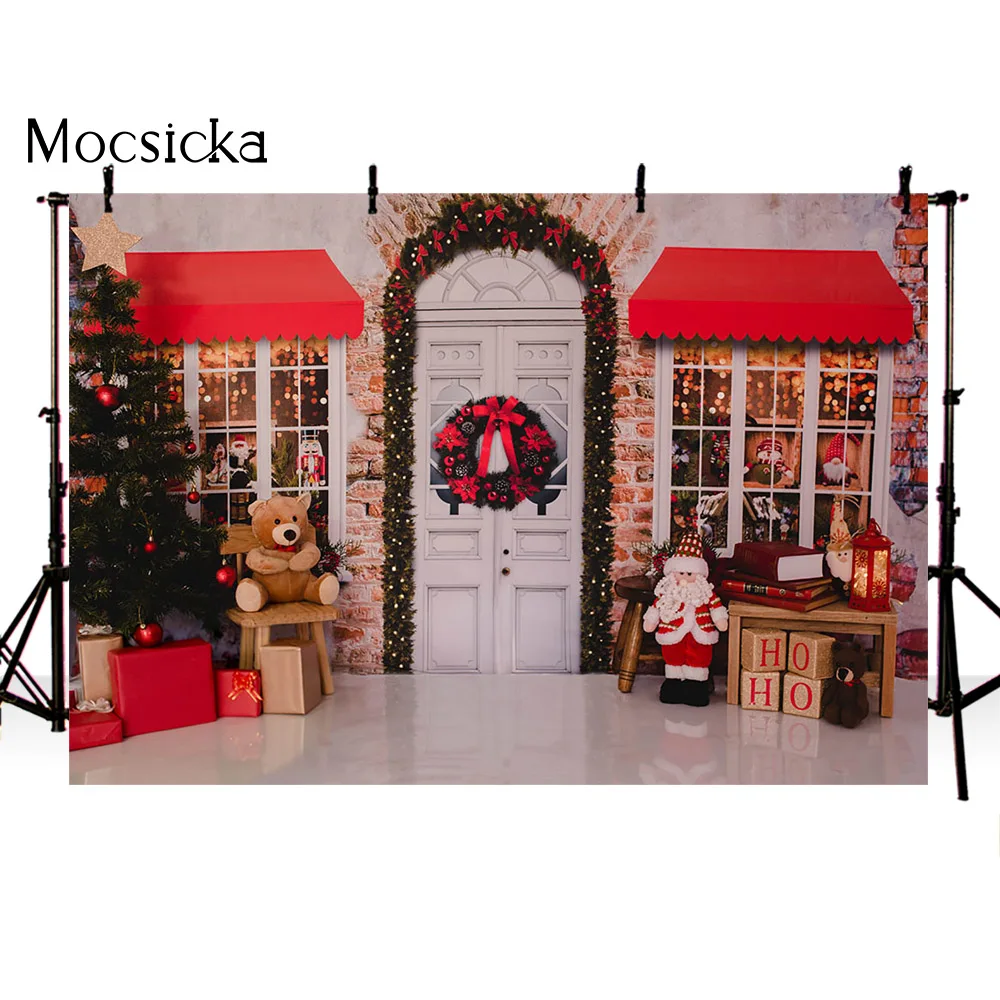 Merry Christmas Shop Store Phtoography ฉากหลังของเล่น Windows ทารกแรกเกิดเด็กหมีซานตาคลอสพื้นหลังสำหรับ Photo Studio Photocall