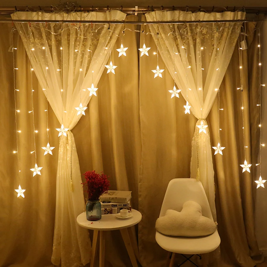 2.5M Five-Pointed Star Icicle Curtain LED String Light Garland Window Curtain Fairy Light For Christmas Wedding Party