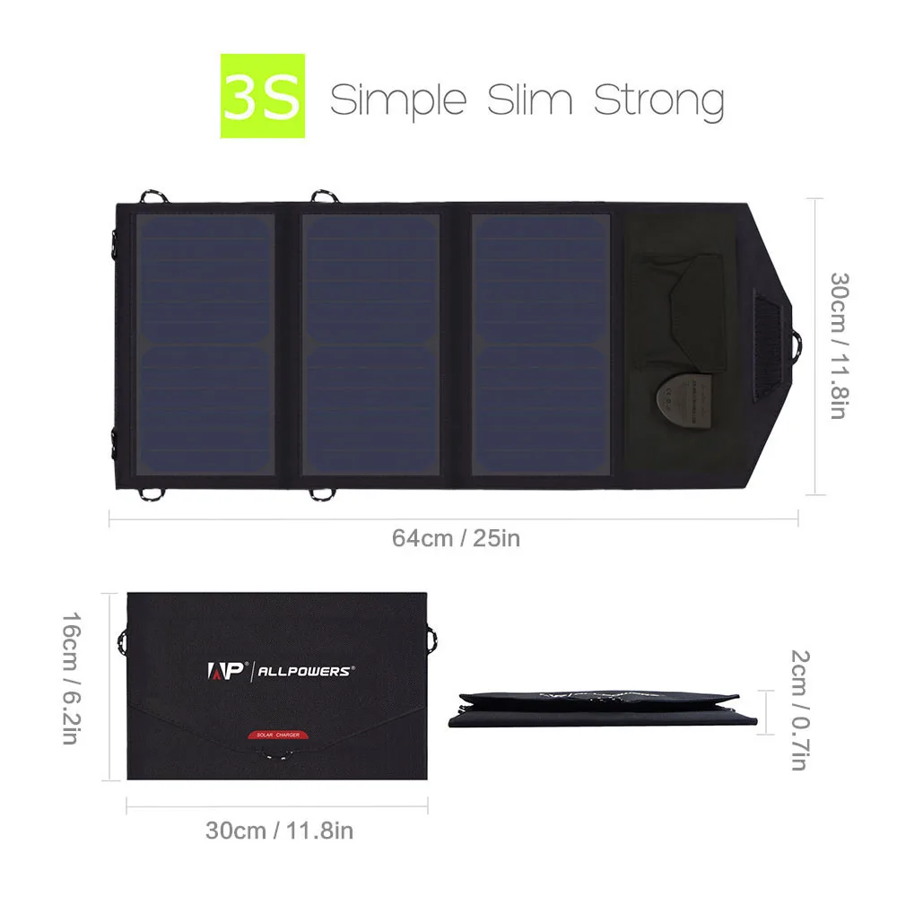 ALLPOWERS 18V 21W Solar Charger Solar Panel Waterproof Foldable Solar Power Bank for 12v Car Battery Mobile Phone Outdoor Hiking