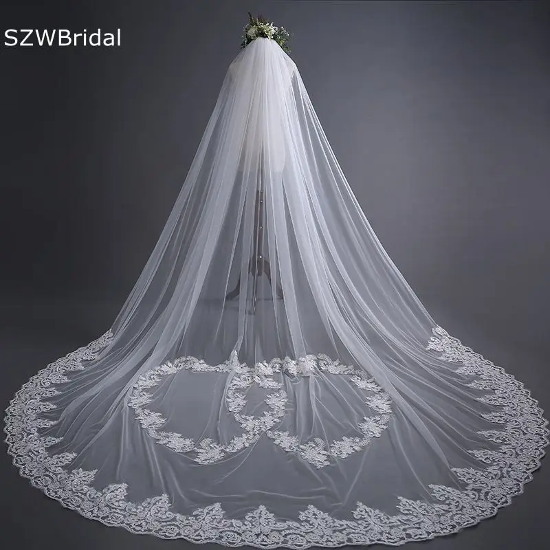 

In Stock White Ivory Cathedral Wedding Veils Long Lace Appliques heart Welon katedralny Cheap Bridal Veil Matrimonio Bride veils