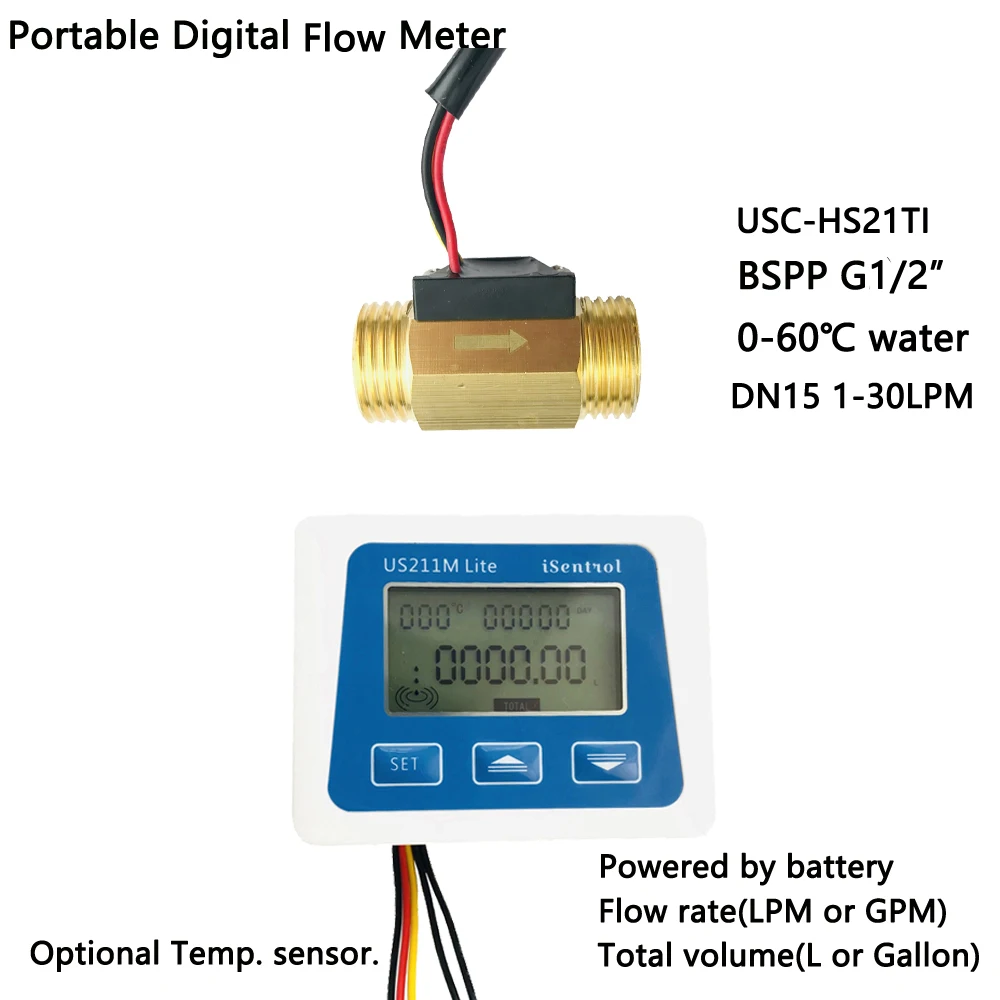 US211M Lite  Digital Flow Meter Brass Flow Sensor USC-HS21TI 1-30L/min Flow  Water Sensor Powered by AAA Battery Portable Isentr