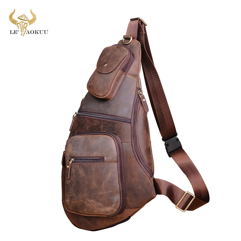 

Men Crazy Horse Leather Casual Fashion Triangle Chest Sling Bag Design Travel 8" Tablet One Shoulder Bag Daypack Male 3080