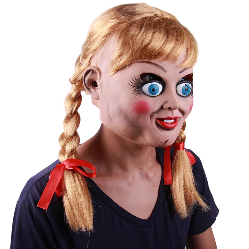 Scary Annabelle Latex Mask Head Wigs Ponytails Halloween Cosplay Party Movie Mask Carnival Costume Masquerade Halloween Props