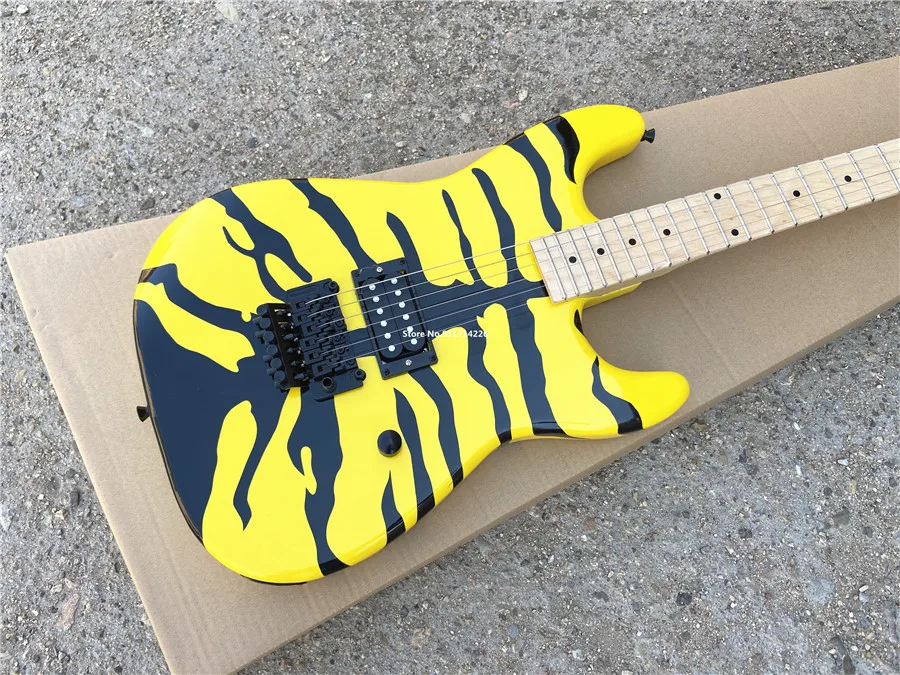 High quality yellow tiger print hand painted electric guitar double shake vibrato free shipping