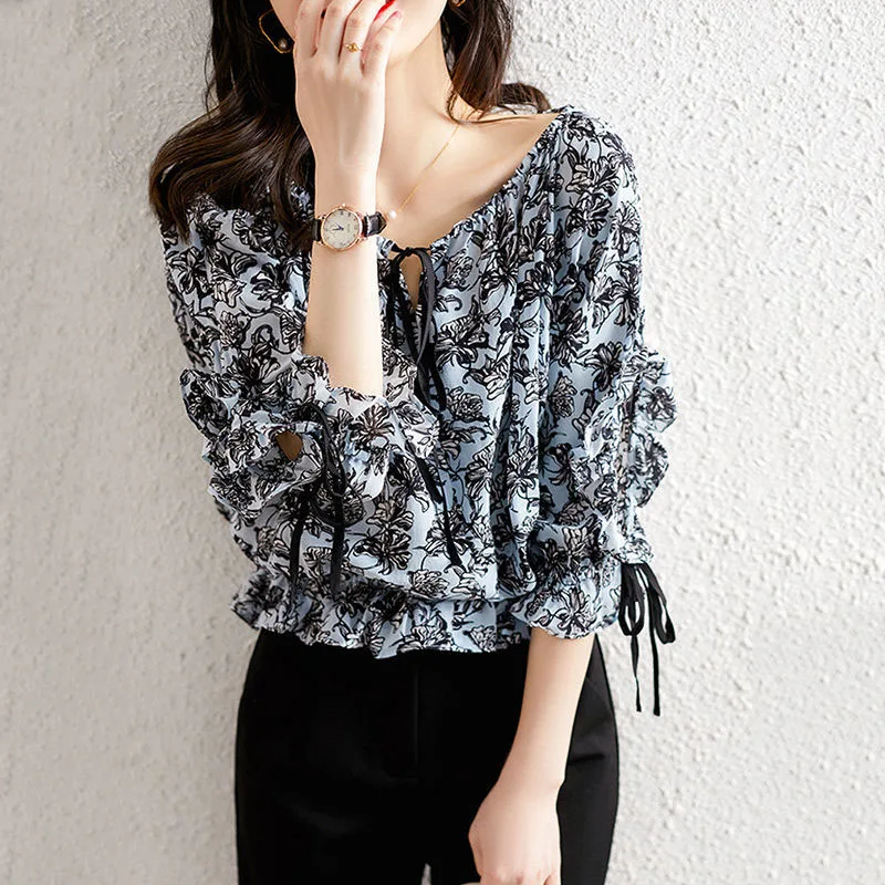 

Off Shoulder Women Spring Summer Style Chiffon Blouses Shirts Casual Slash Neck Half Sleeve Flower Printed Blusas Tops ZZ0458