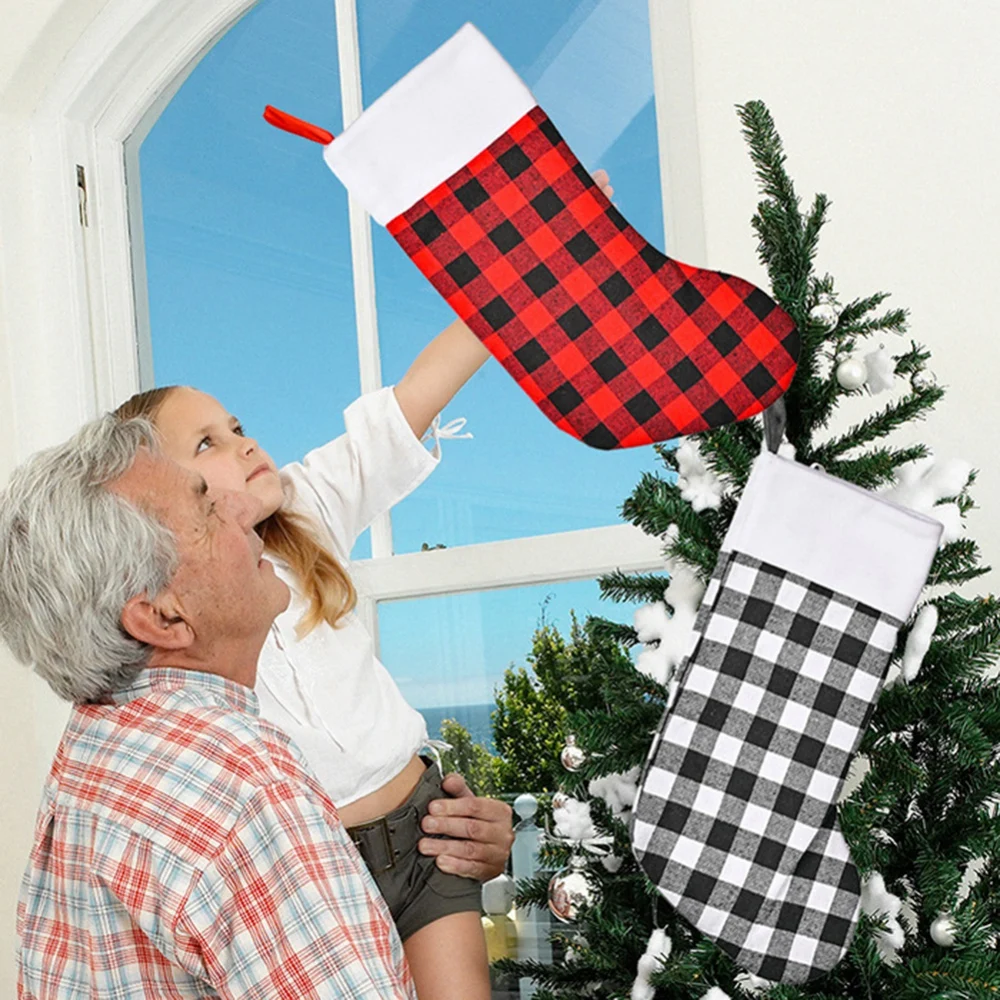 Calza di natale stivali nero rosso reticolo regalo di natale calzini caramelle ciondolo per albero di natale camino casa ornamento appeso