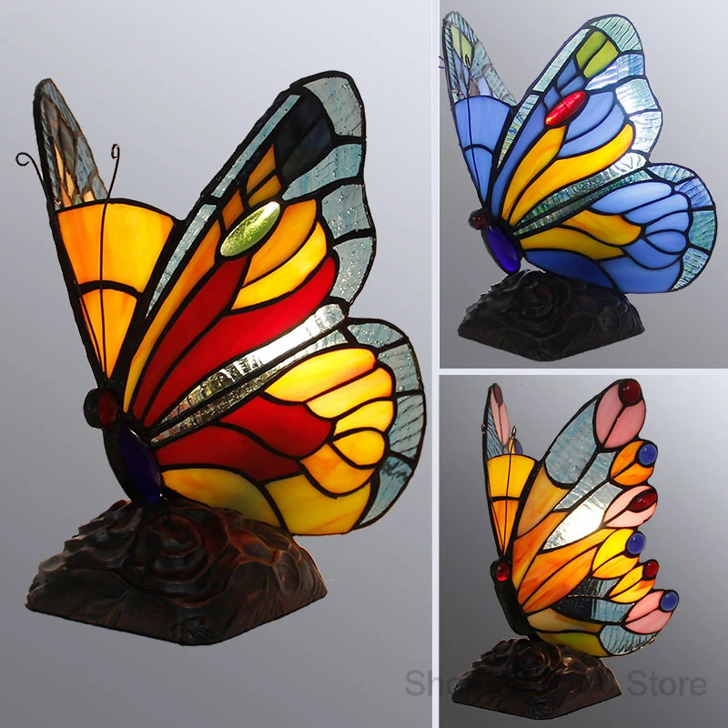 Mediterranean Butterfly Tiffany Table Lamps Retro Stained Glass Desk Lamp for Bedroom Bedside Vintage Living Room Light Fixtures