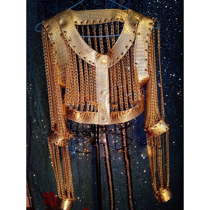 Women Sexy Gold Chains Costume Outfit Stage Performance bar Nightclub show Bra Chains Short coat nightclub stage dance wear