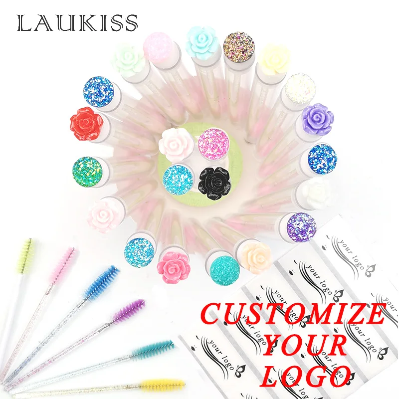 Custom Logo 50/100pcs Reusable Eyelash Brush For Eyelash Extension Replaceable Dust-proof Broken Diamond/Flower Makeup Brush Kit