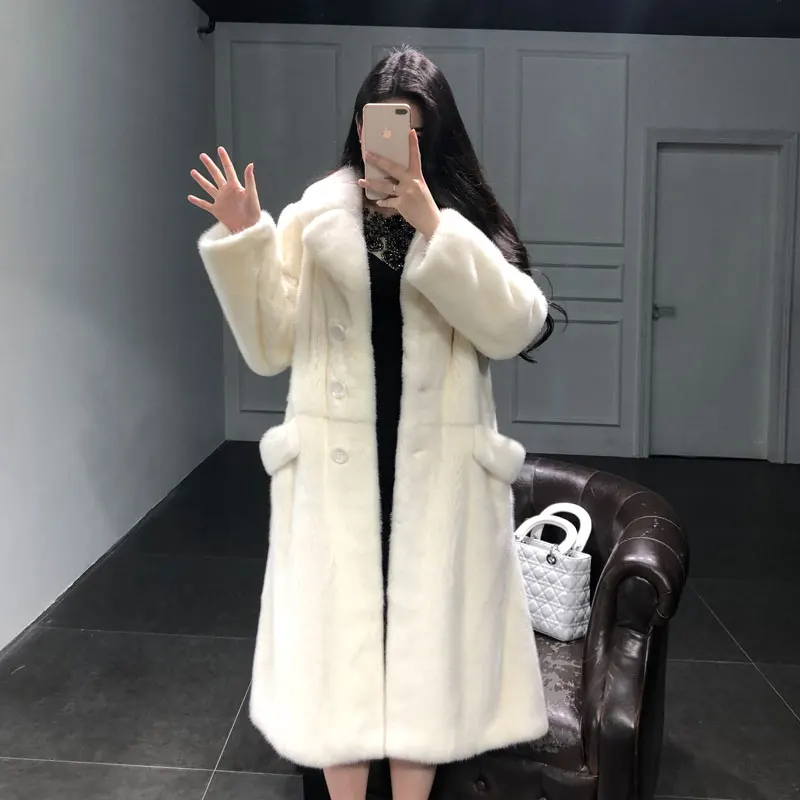 Mink Whole Fur Women Long Skirt Coat with Collar  Winter Thick Warm Female Mink Fur Jacket