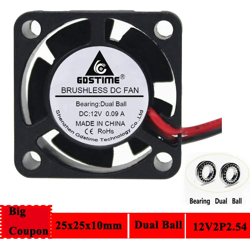 

2PCS Gdstime Cooling Fan 25mm 12V 25X25X10MM Dual Ball 2510 Mini Cooler Fan Heat Sink 3D Printer Fan