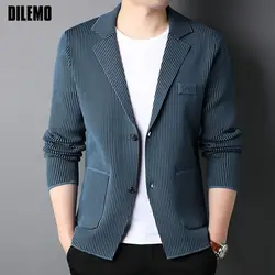 Top Grade New Brand Fashion Slim Fit Blazer Jacket Smart Elegant Stylish Knitted Suit Striped Men Coat Casual Mens Clothes 2023