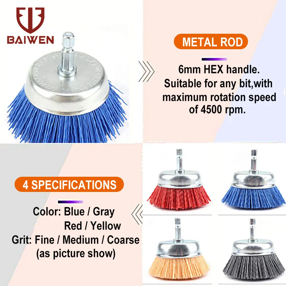 3 Inch Tasse Nylon Schleif Pinsel Rad Bohrer Pinsel 1/4 "Hex Schaft für Metall Entfernen Rost Korrosion Malen Max RPM 4,500