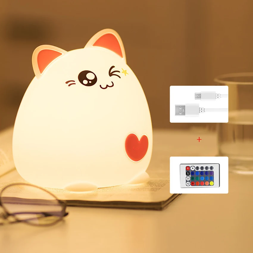 Cute Cat Night Light for Kids, Tap/ Remote Control, Portable Warm Light & Color Changing Silicone Baby Nightlight for Birthday