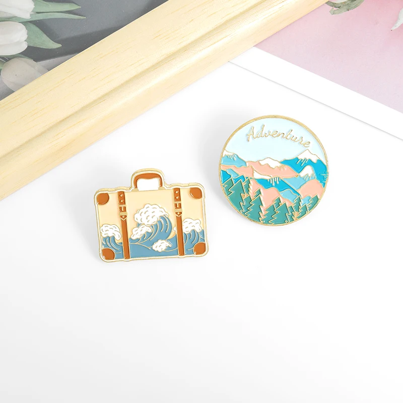 Adulove mountains and rivers pine oil painting enamel pin The waves are blossoming travel luggage pin badge students small fresh