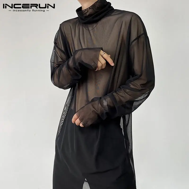 INCERUN 2024 Men T Shirt Turtleneck Mesh See Through Long Sexy Men Clothing Streetwear Party Nightclub Sleeve Camisetas S-5XL