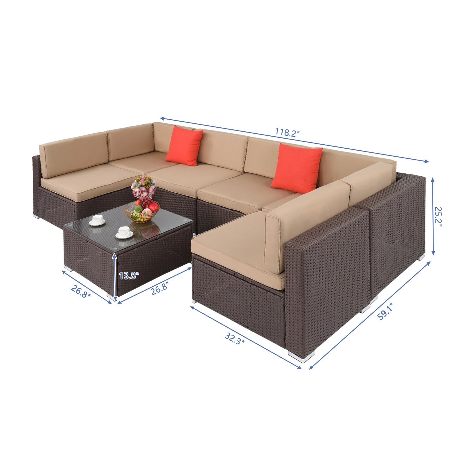 7Pcs Outdoor Patio Furniture Set 2 Corners 4 No Armrests Sofa 1 Square Coffee Table Dark Brown Pattern Rattan Khaki Cushion