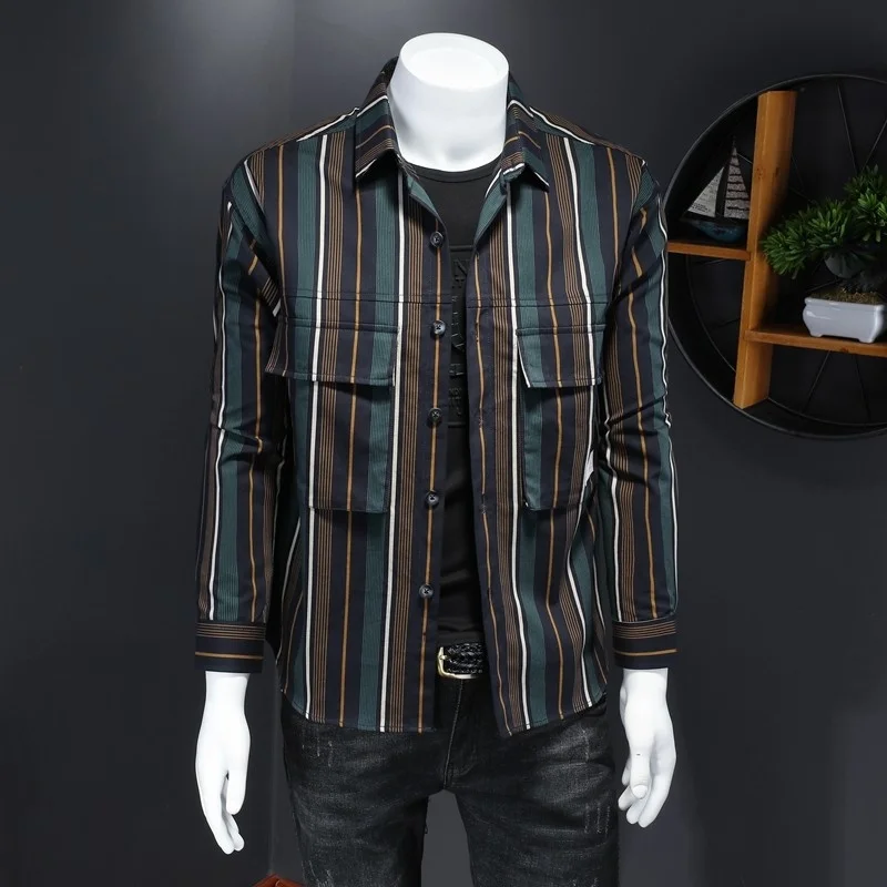 Striped Mens Shirt Slim Fit Single Breasted Casual Tops Male British Style Turn-Down Collar Pockets Spring Long Sleeve Shirts