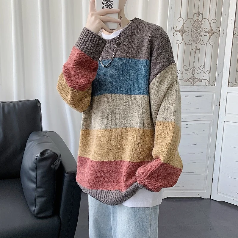 Men Sweater Streetwear Retro Colors Mixed Striped Hip Hop Autumn Pull Over O-neck Oversize Casual Mens Sweaters Loose Knit Tops