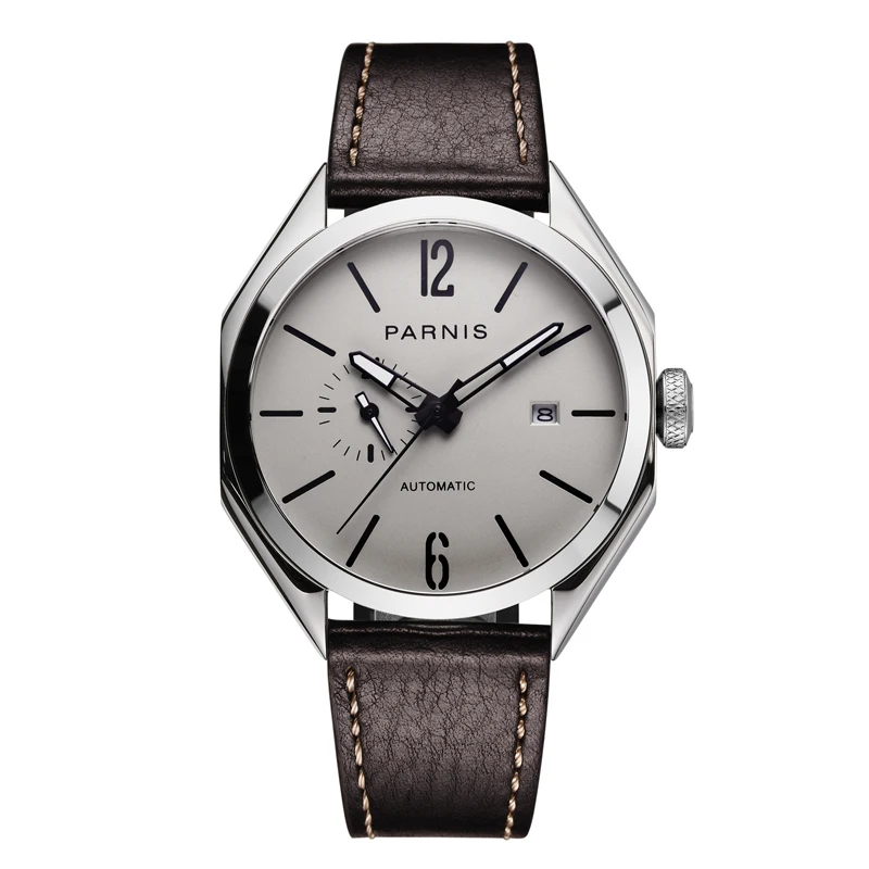 Casual Parnis 43mm Gray Dial Luminous Miyota Automatic Mechanical Men Watches Brown Leather Band Calendar Watch Top Luxury Brand