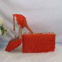 2021 Nen Orange Lace Flower Wedding Shoes Bag Set Pearl Pointed Ankle Strap Party Shoes With Matching Wallet Strap