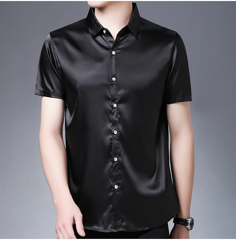 High Quality male short sleeve silk shirt 2017 summer men shirts pure color soft satin silk dress shirts