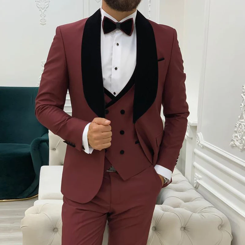 

Latest Wine Red Male Tailcoat Tuxedo Black Velvet Marriage Suit Set Slim Fit Best Man Groom Men's Suit Blazer Vest Pants 3 Piece