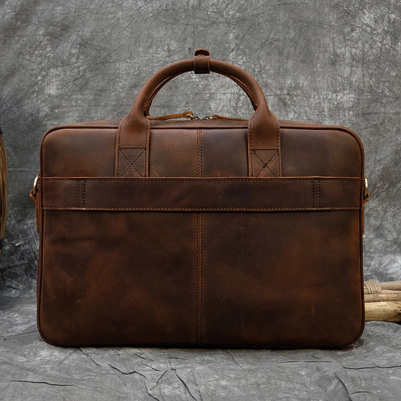 Vintage Men\'s Crazy Horse Genuine Leather Briefcase Cowhide Business Handbag Cow Leather Laptop Portfolio Shoulder Messenger Bag