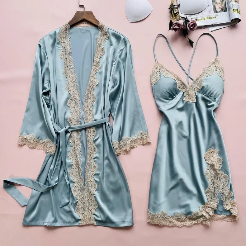 Women Summer Sling Nightgown Bathrobe Robe Sets Sexy Lace Floral Trim Split Bride Dressing Bath Gown M-XL Casual Home Clothes