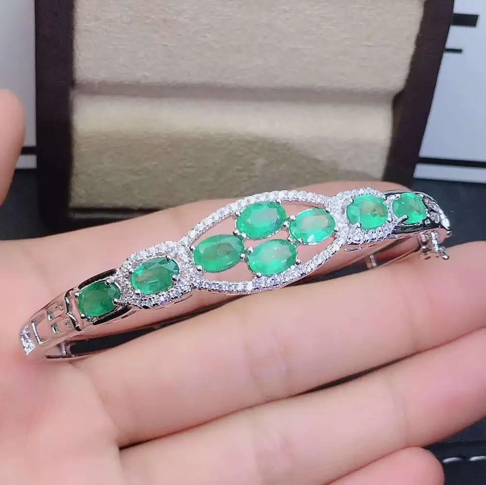 

100% Natural And Real Emerald bangle Bracelet Solid S925 Sterling Silver For Women Color Fine Jewelry