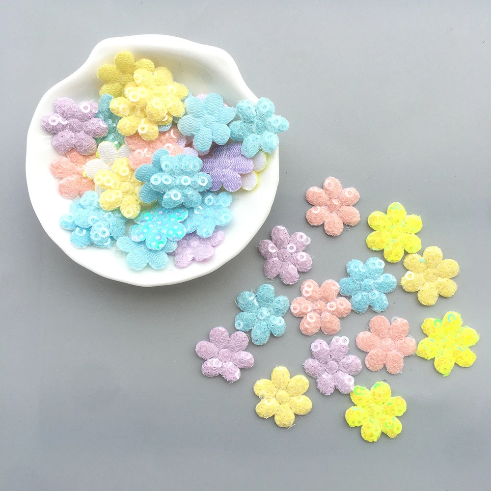 100Pcs Mix Cloth Fabric sequin Patches Spring Flower Appliques for Girl Clothes Craft Sewing Supplies DIY Clips Bow Card Making