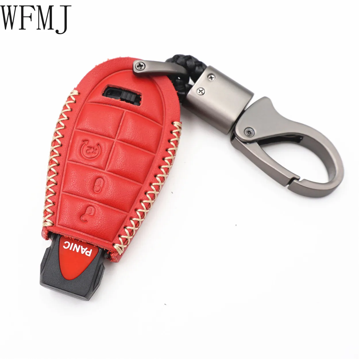 

WFMJ Red Leather for Chrysler 300 Dodge Grand Caravan Journey Magnum Ram Jeep Grand Cherokee 4 Buttons Key Fob Case Cover Chain