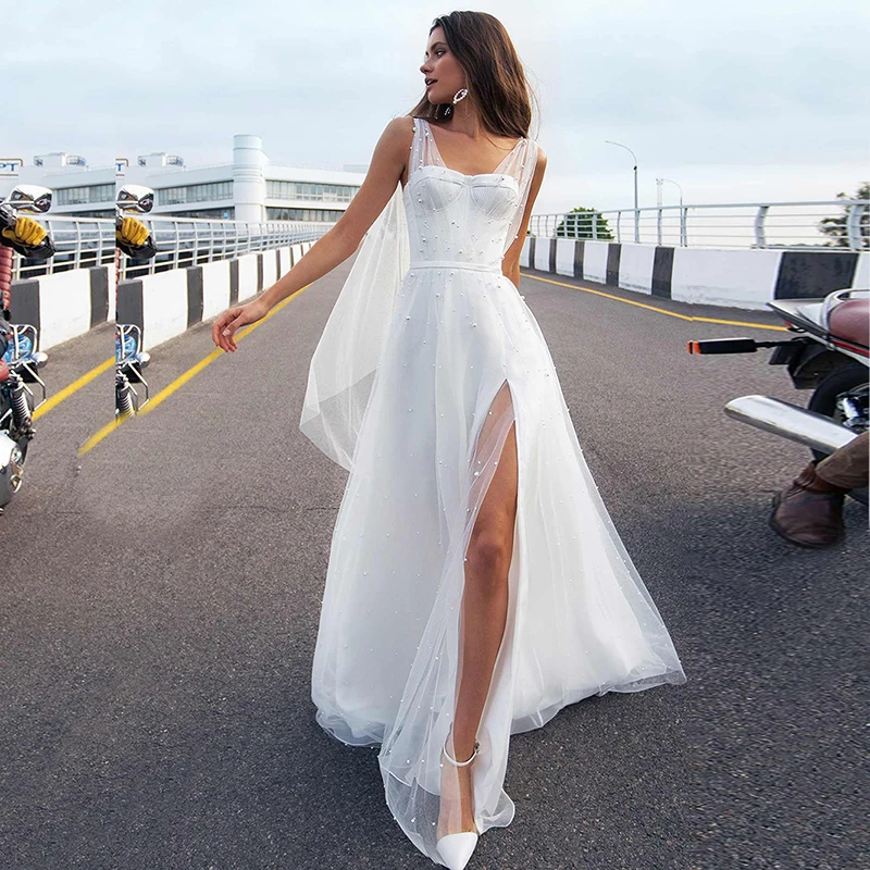 Vestidos de novia sin mangas con escote en V y perlas, traje bohemio con abertura lateral y cordones en la espalda, gran oferta, 2023