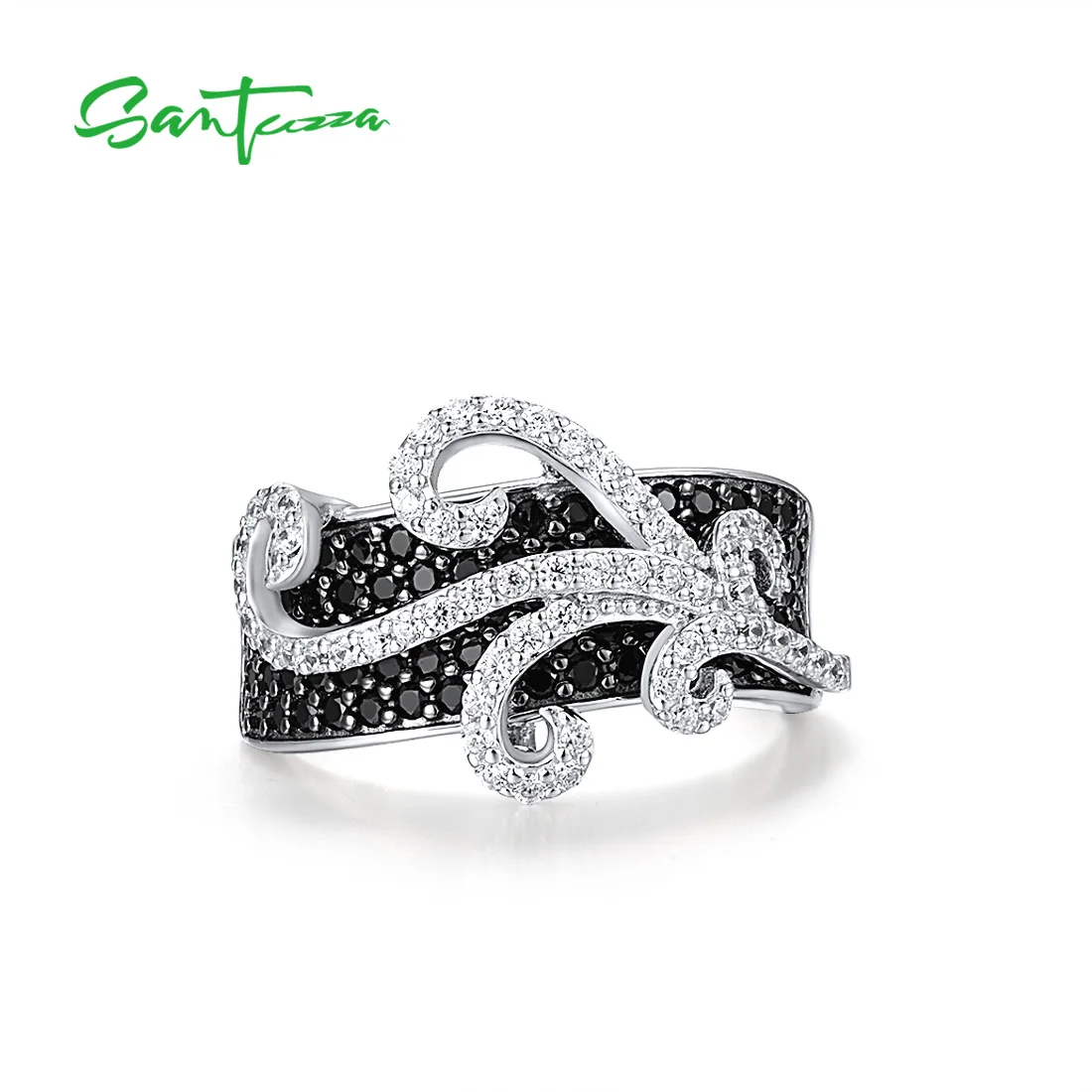 SANTUZZA Authentic 925 Sterling Silver Rings For Women Sparkling Black Spinel White Cubic Zirconia Concise Trendy Fine Jewelry