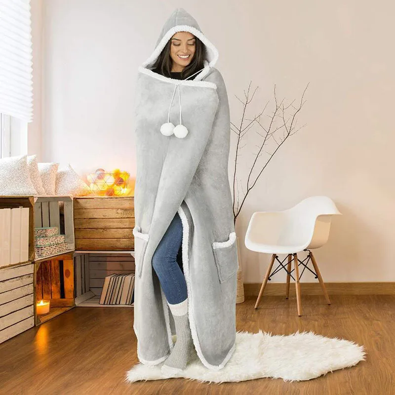 Winter Sherpa Blanket Without Sleeves Plush Fleece Hoodies TV Blankets Super Long Flannel Hooded Thick Warm Sofa Blanket WF242