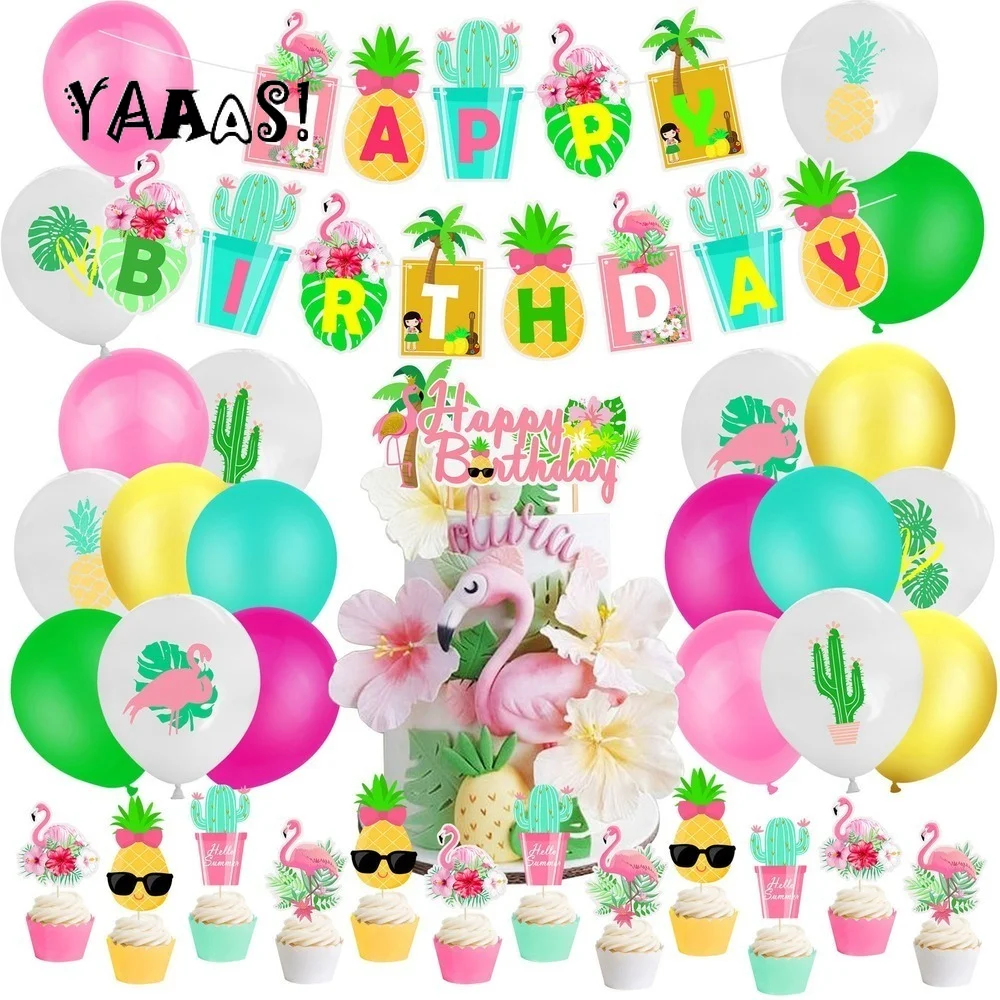 Hawaii Party Decorations Pineapple Balloons Happy Birthday Banner Hawaiian Party Supplies Summer Tropical Flamingo Party Favors